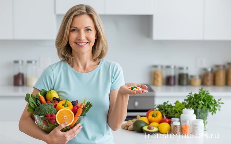 4Life Transfer Factor: питание и витамины для иммунитета — женщина с миской овощей и фруктов