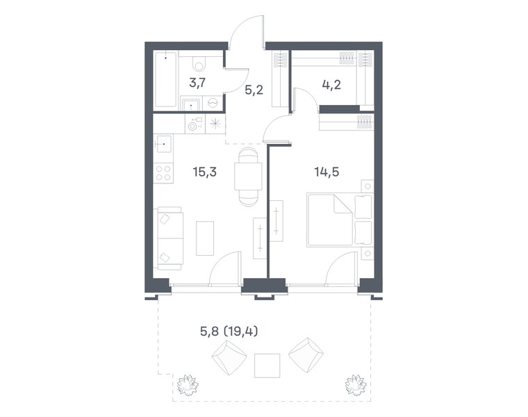 Планировка квартиры с 1 спальней 48,7 м² в ЖК Portland: корпус 5, секция 1, 2-й этаж