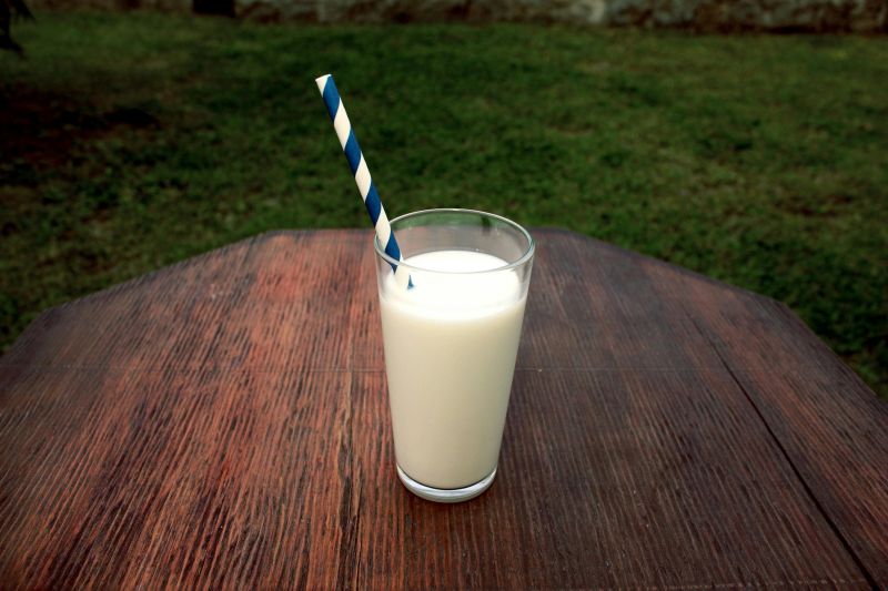 Glass of milk with a straw in