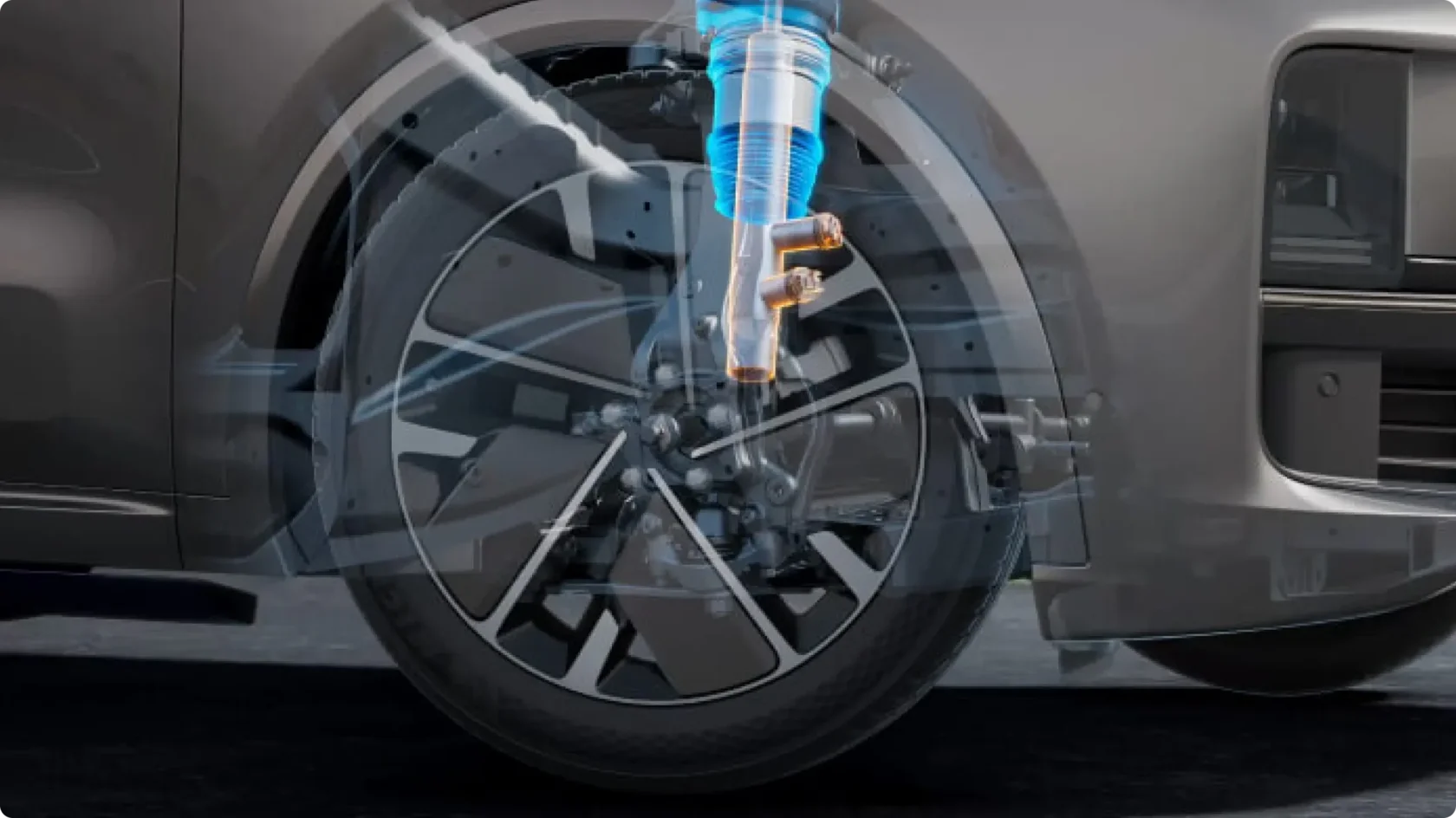 Техническая 3D-схема работы двухконтурной пневмоподвески Li Auto L9: визуализация амортизатора, пневматических полостей и ходовой части колеса в движении.