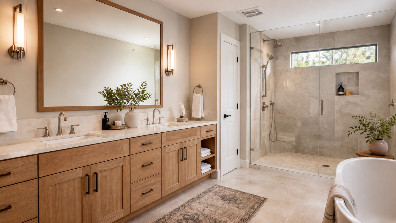 Primary bathroom with double vanity, walk-in glass shower and freestanding tub — CASA Kitchen &amp; Bath, Naperville IL