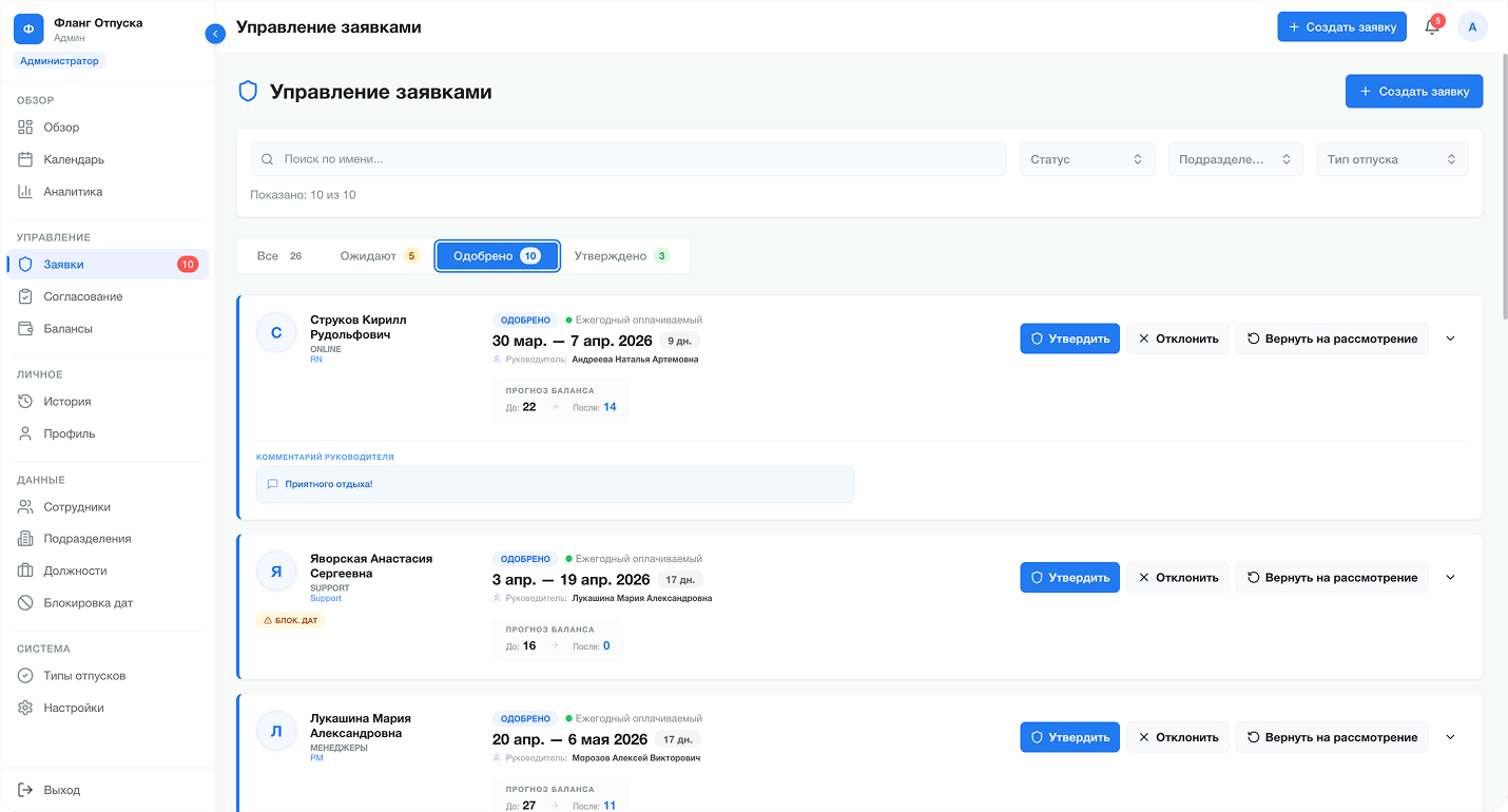 Согласование отпусков — двухуровневая цепочка заявок в системе Фланг Отпуск