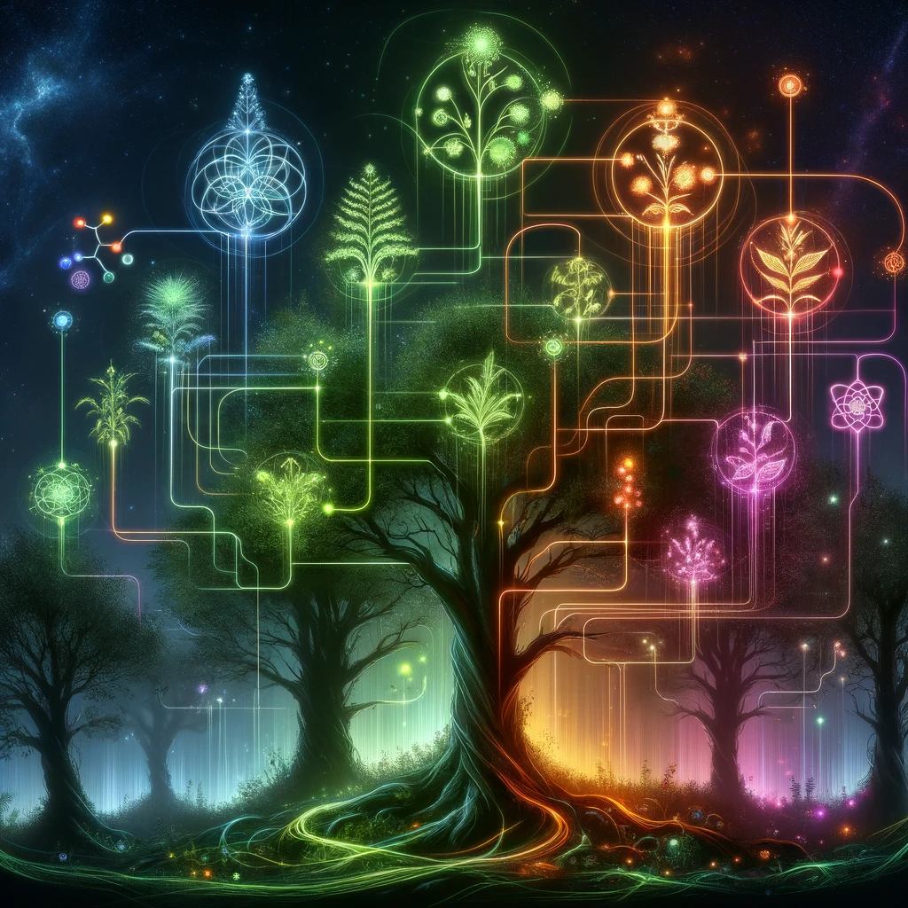 A magical forest metaphor representing the metabolic profiles of Artemisia spp. extracts. Each tree symbolizes a different Artemisia species (A. absinthium, A. alba, A. annua, A. verlotiorum, A. vulgaris), with colorful, glowing lines emanating from them, representing various metabolites found in their leaves and stems. These lines connect to various nodes and loops, symbolizing the complex interactions and functional activities of the metabolites, creating a visually stunning map of the plants' metabolic diversity.