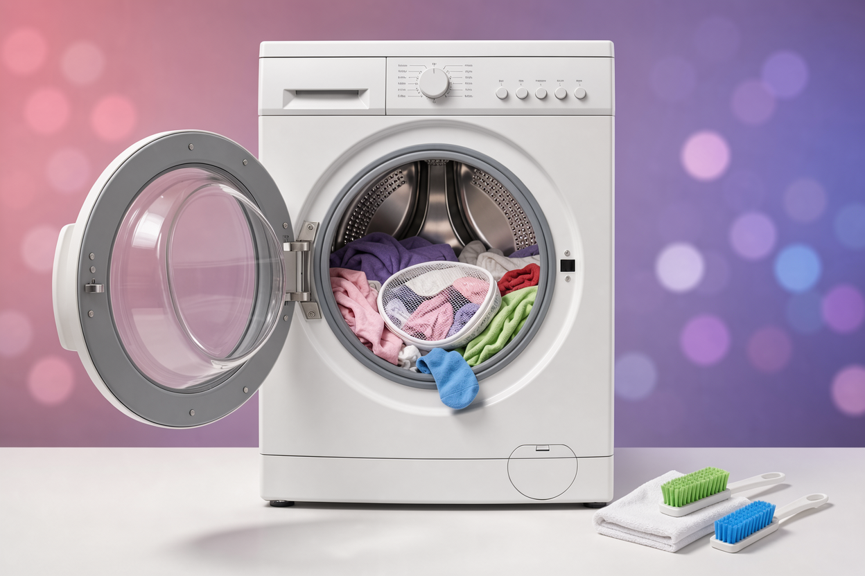 Open washing machine drum with mixed items evenly distributed, mesh laundry bag with delicates inside, and a small maintenance kit (soft cloth, brush) next to the machine, no product labels