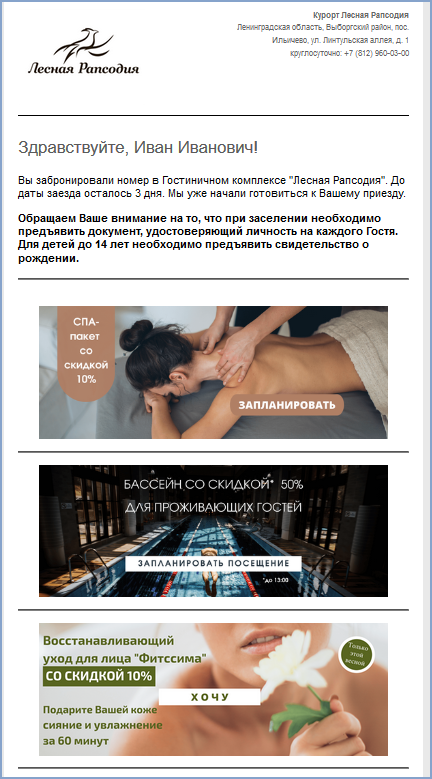 Баннер, предлагающий допуслуги со скидкой в welcome-письме гостиничного комплекса «Лесная Рапсодия»