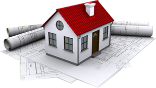 рулоны с чертежами проектов домов, на которых стоит 3д модель одноэтажного маленького дома белого цвета с коричневой дверью и красной крышей