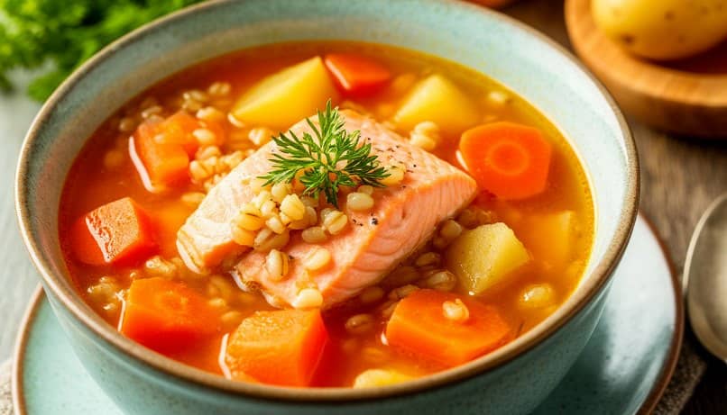Суп из консервированной горбуши с картофелем и перловкой