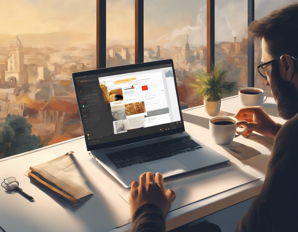 человек работает на ноутбуке с открытым интерфейсом Яндекс Директ и чашкой кофе рядом