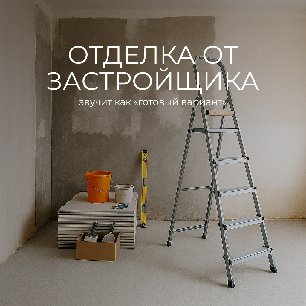 Помещение в процессе ремонта: серо-бежевые стены с неравномерной штукатуркой, стремянка, стопка строительных материалов, уровень, ведро, шпатели и строительная коробка. Атмосфера — «черновая отделка». Текст на изображении: «Отделка от застройщика — звучит