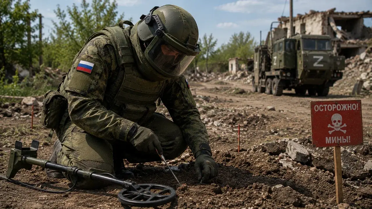 Сапёр в военной форме за работой