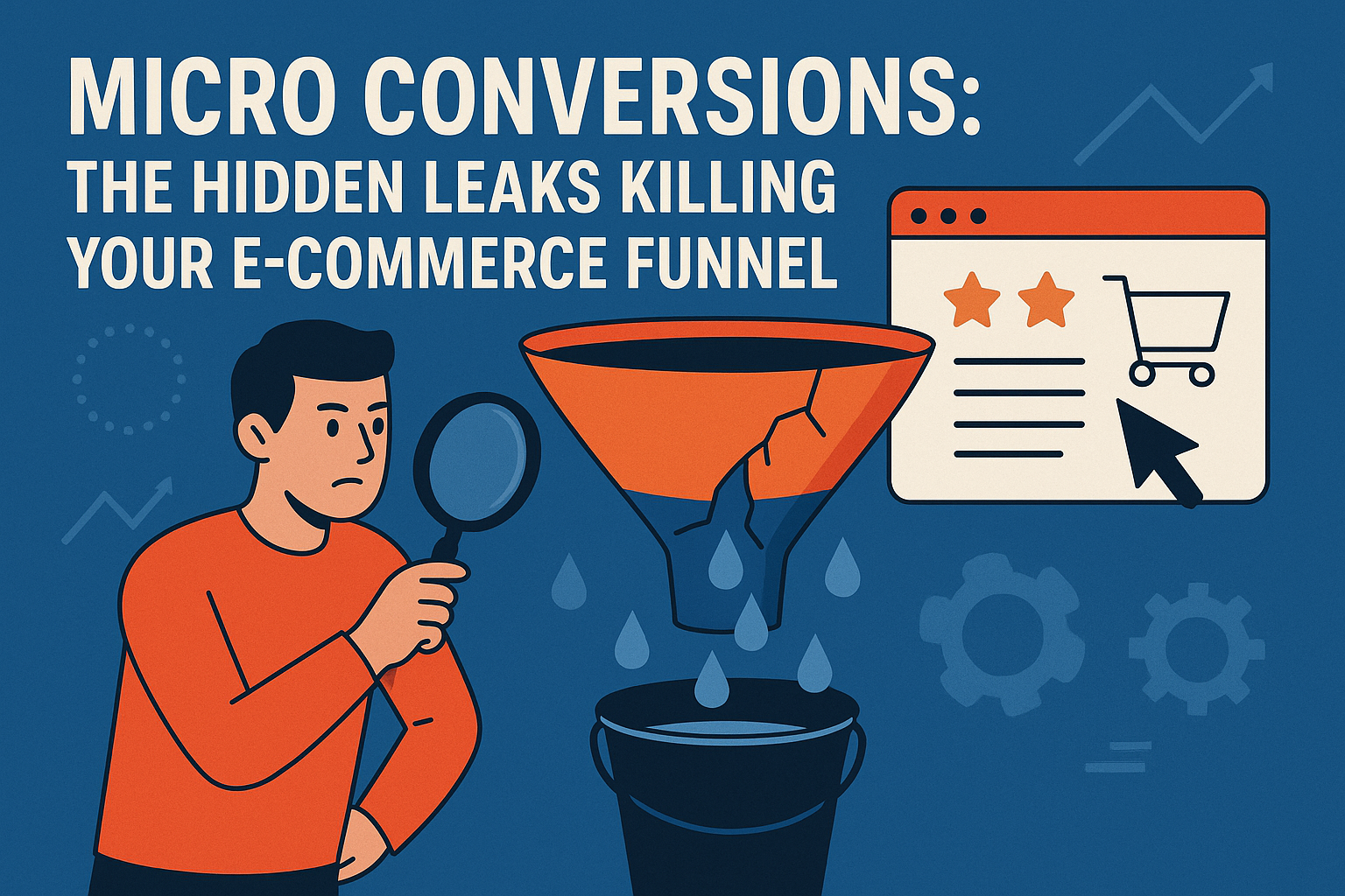 Illustration of a cracked e-commerce sales funnel leaking micro conversions into a bucket, with a worried marketer inspecting it using a magnifying glass; includes a shopping cart icon and analytics symbols, visualizing hidden funnel leaks in online store