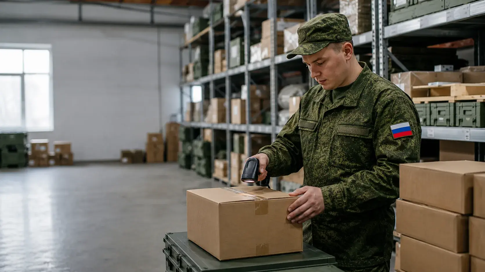 Военнослужащий тылового обеспечения работает на складе снабжения