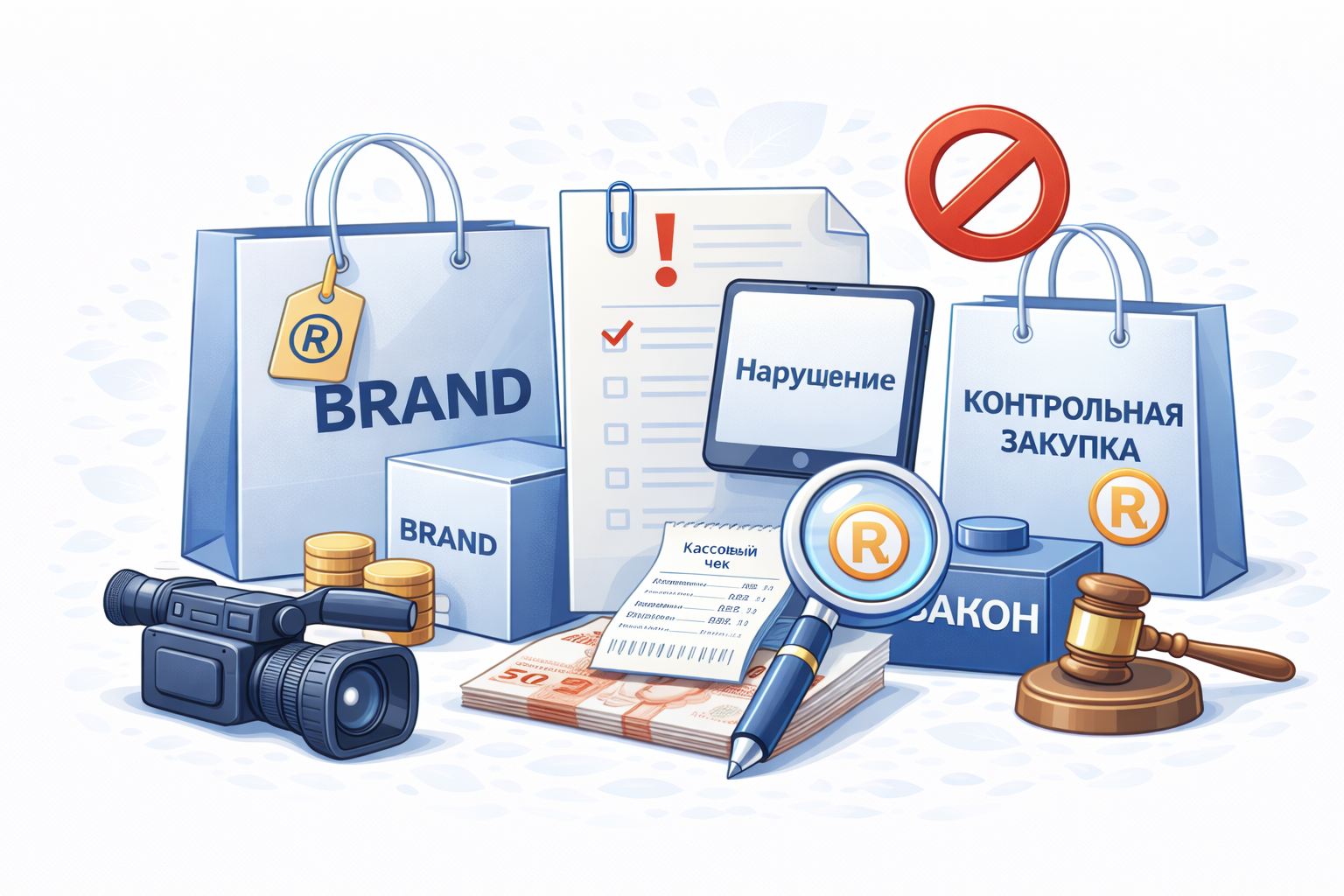 Иллюстрация незаконного использования товарного знака с фиксацией нарушения, контрольной закупкой и сбором доказательств