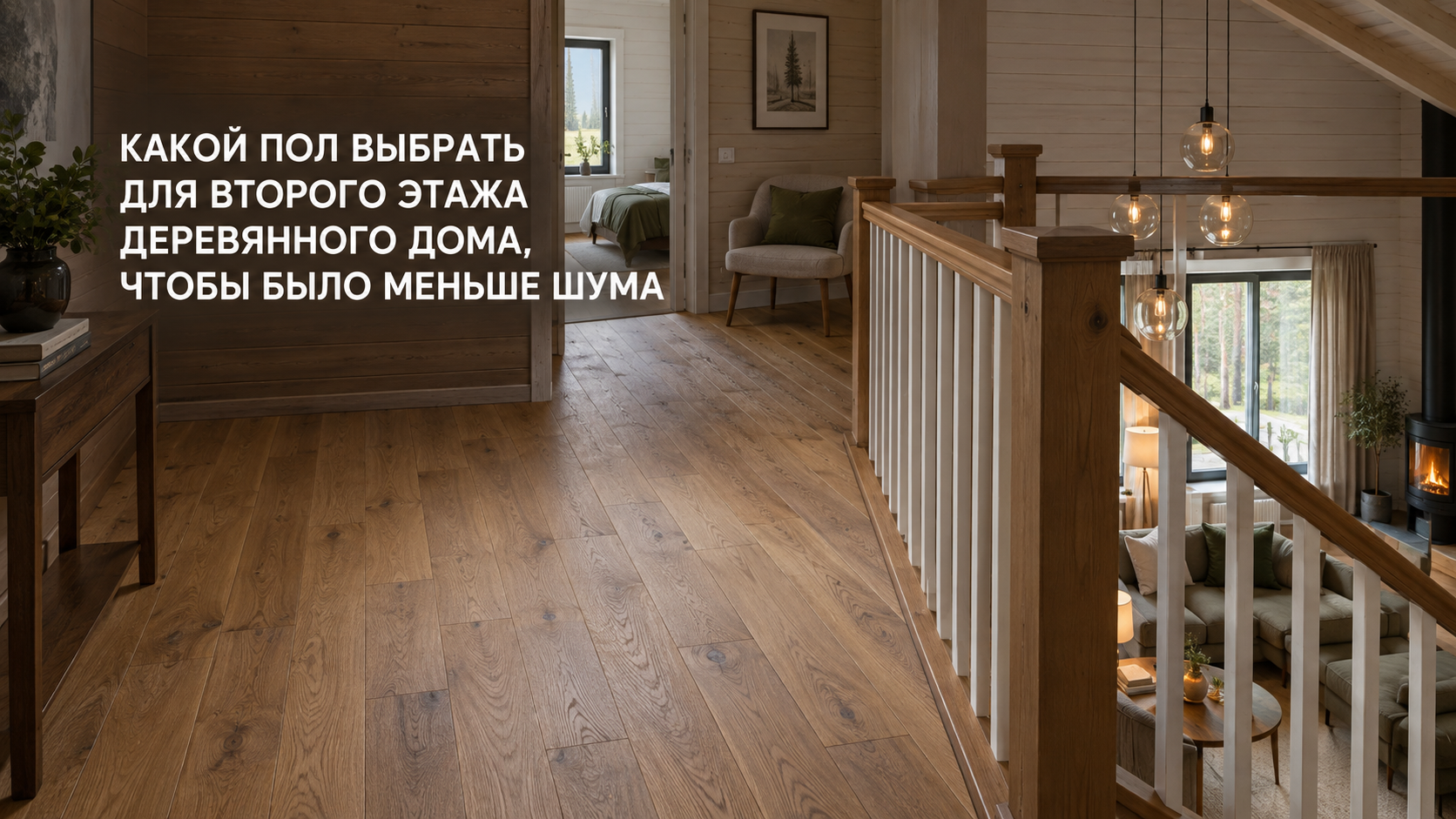 Тихое напольное покрытие на втором этаже деревянного загородного дома с лестницей и видом на гостиную первого этажа.