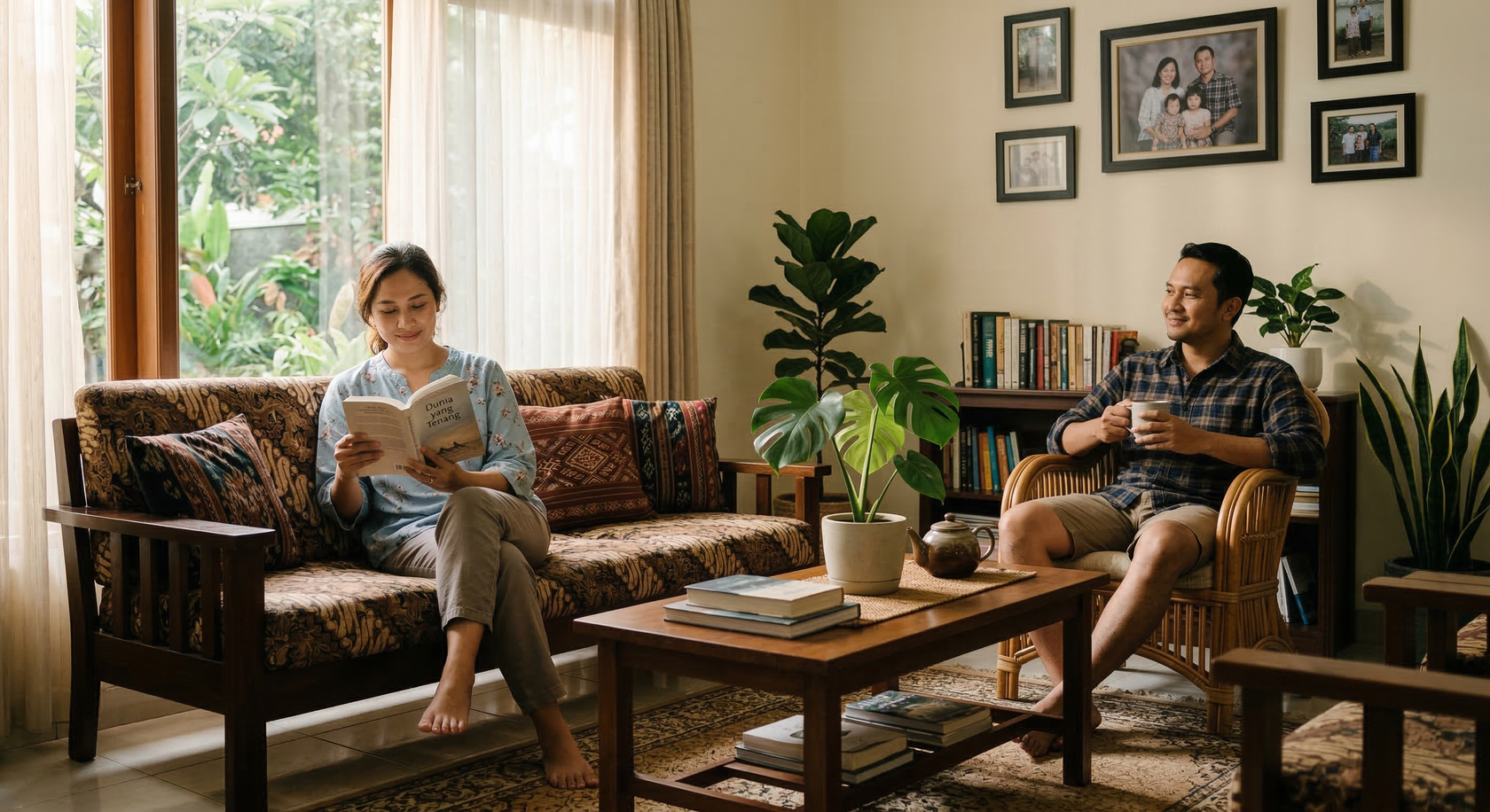 Seorang pasangan menikmati waktu pribadi di ruang tamu yang tenang, ilustrasi ruang pribadi, batas sehat, dan hubungan yang saling menghormati