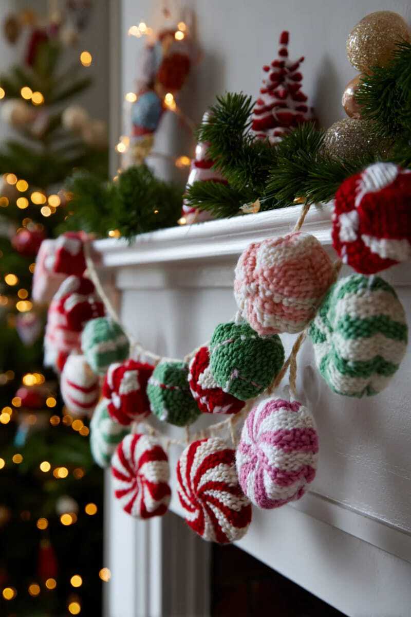 яркая гирлянда из шерсти, фигурки конфет и мятные спирали 1