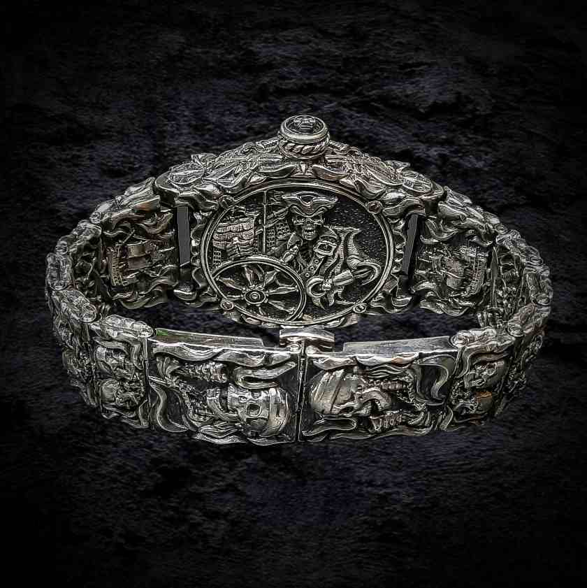 серебряные часы с черепом, байкерские серебряные часы, массивные часы из серебра