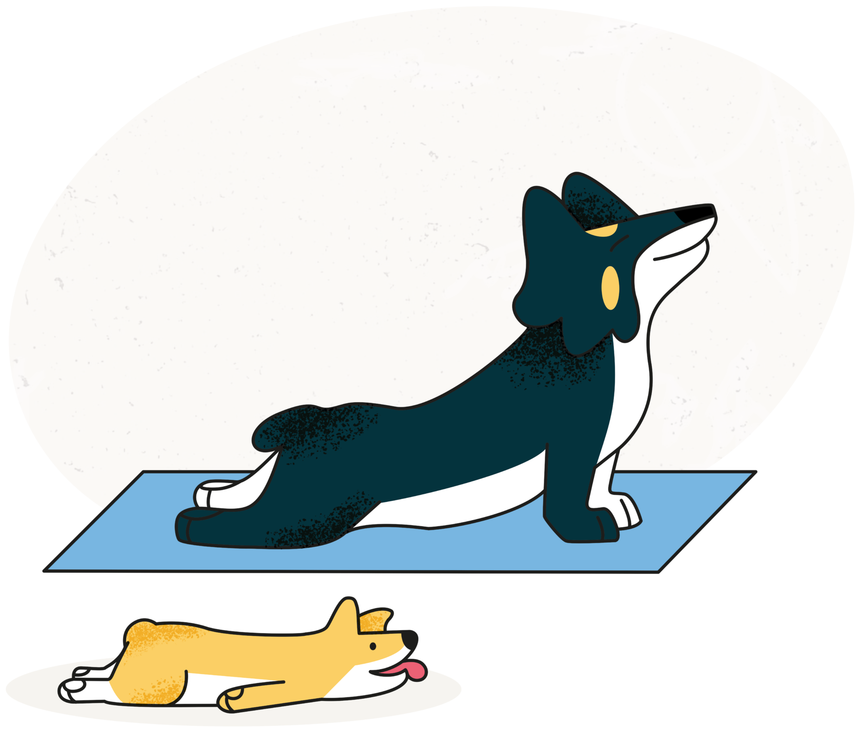 Взрослая собака и щенок занимаются йогой