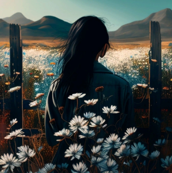 Девушка стоит в поле цветов
