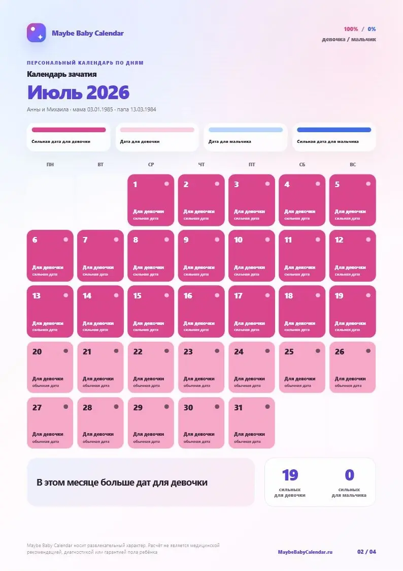 Пример персонального календаря — Июль 2026