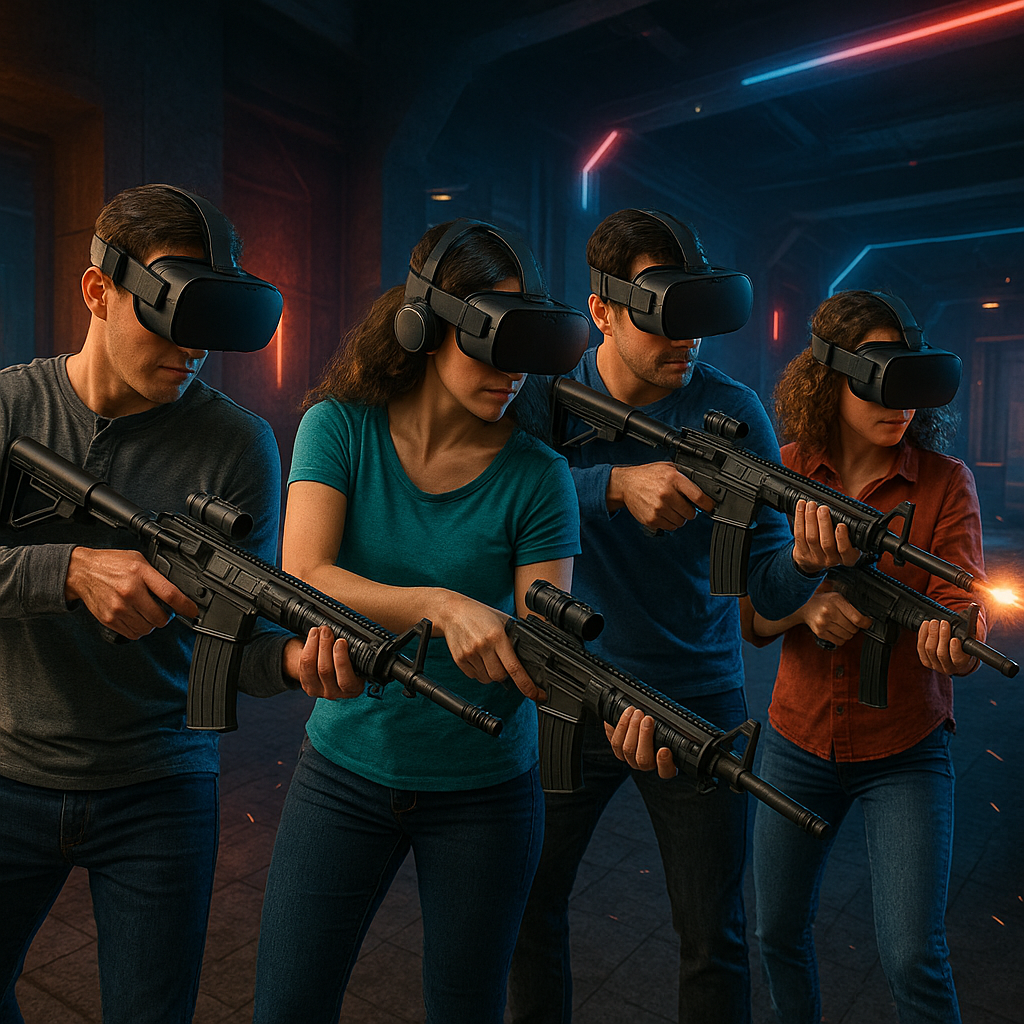 Команда геймеров играет в VR шутер в просторной арене виртуальной реальности с системами полного трекинга движений