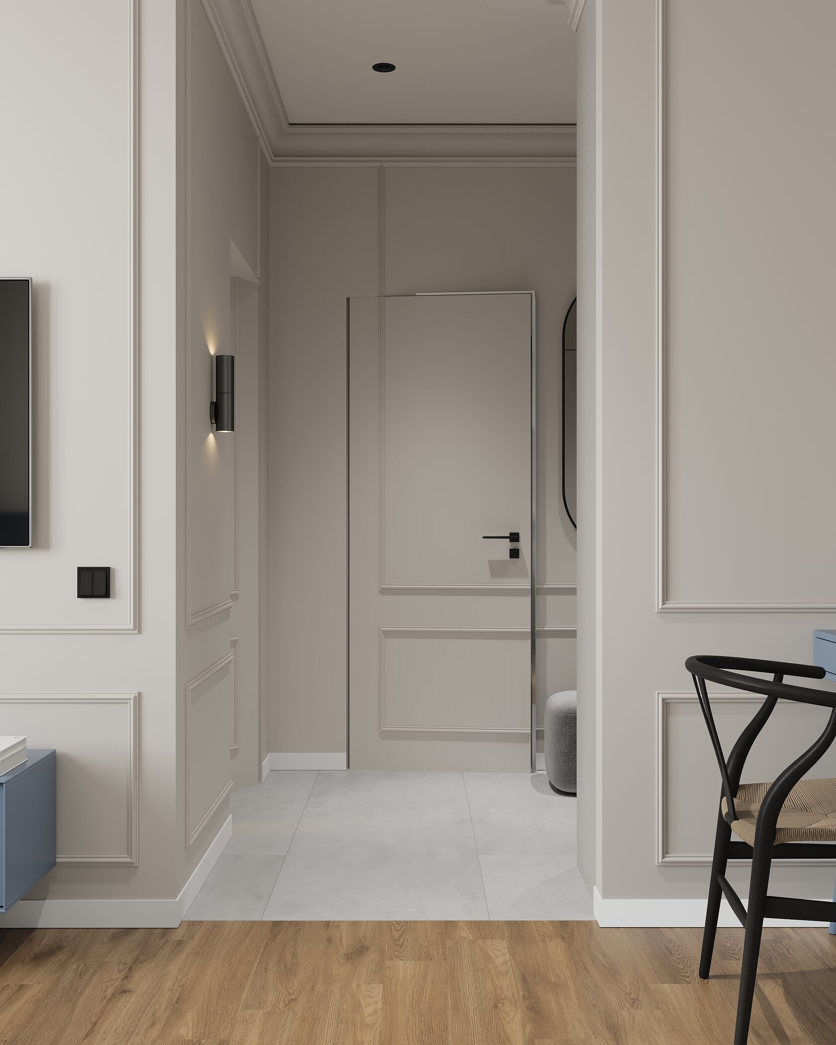 классические молдинги в сочетании с современной скрытой дверью