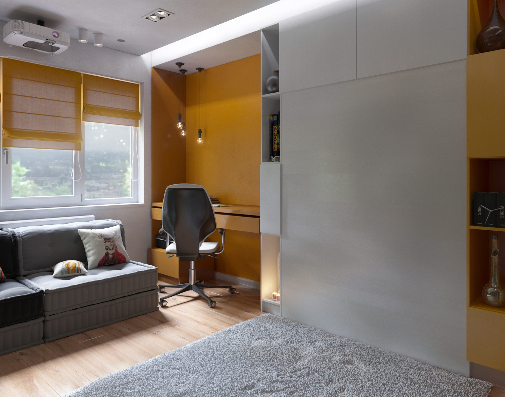 agencement d’un studio avec coin salon et cuisine ouverte vue en plan