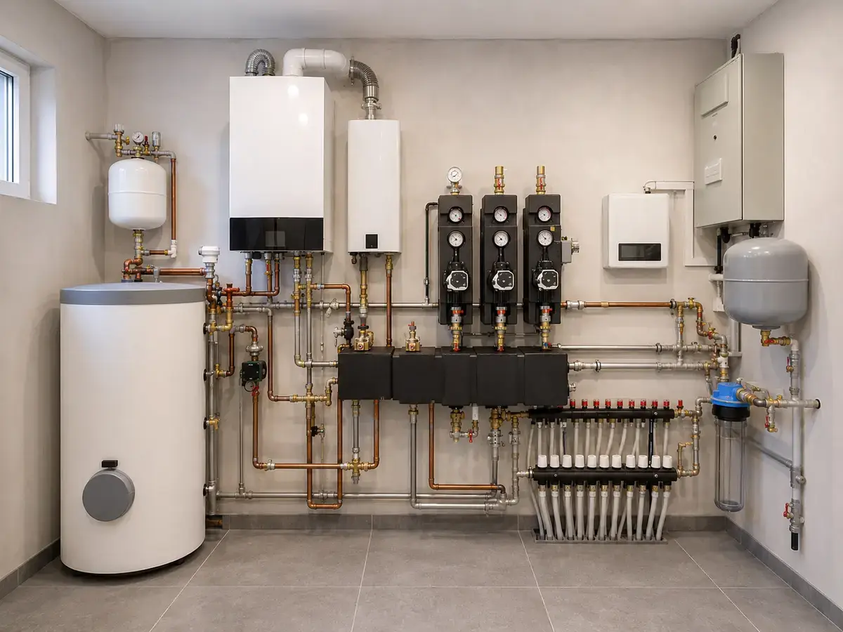 Современная котельная под ключ для дома 250 м² с двумя котлами, бойлером и тремя насосными группами