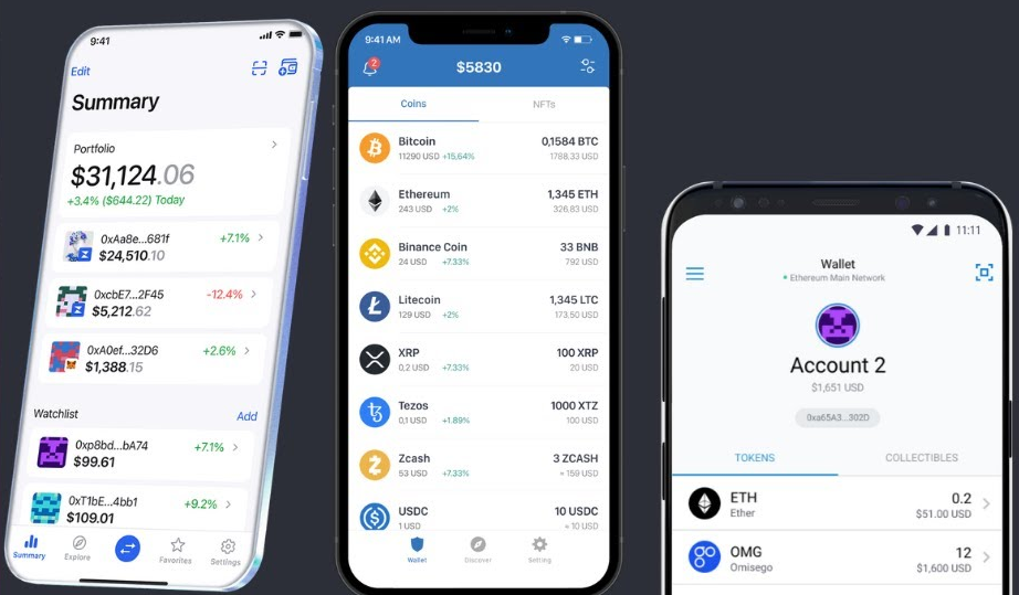 Интерфейс криптокошельков Zerion, Trust Wallet, Metamask