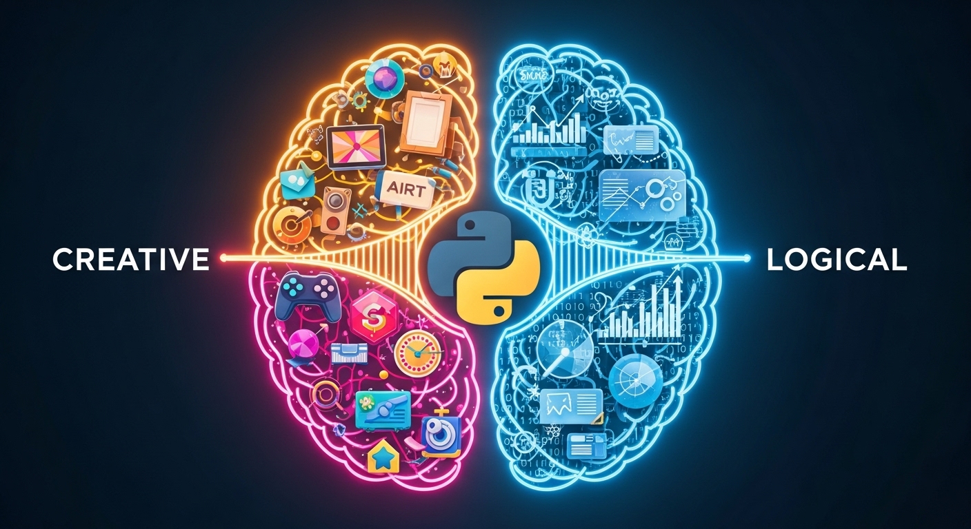 Графическая иллюстрация: мозг человека, где творческое и логическое полушария связаны мостом с логотипом Python, что показывает универсальность языка.