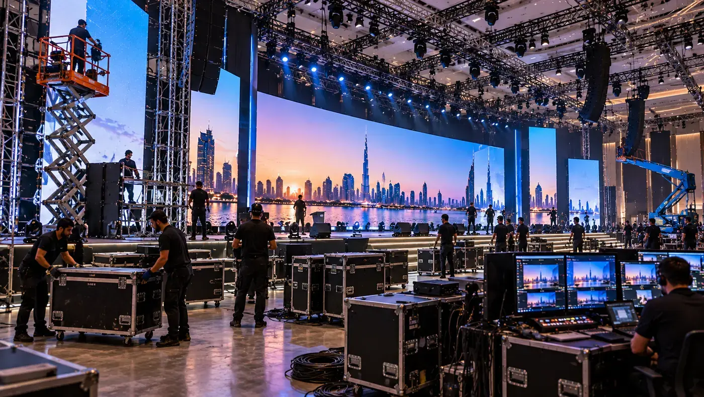 Build-up before an event: crew rigging LED panels, flight cases and control desks