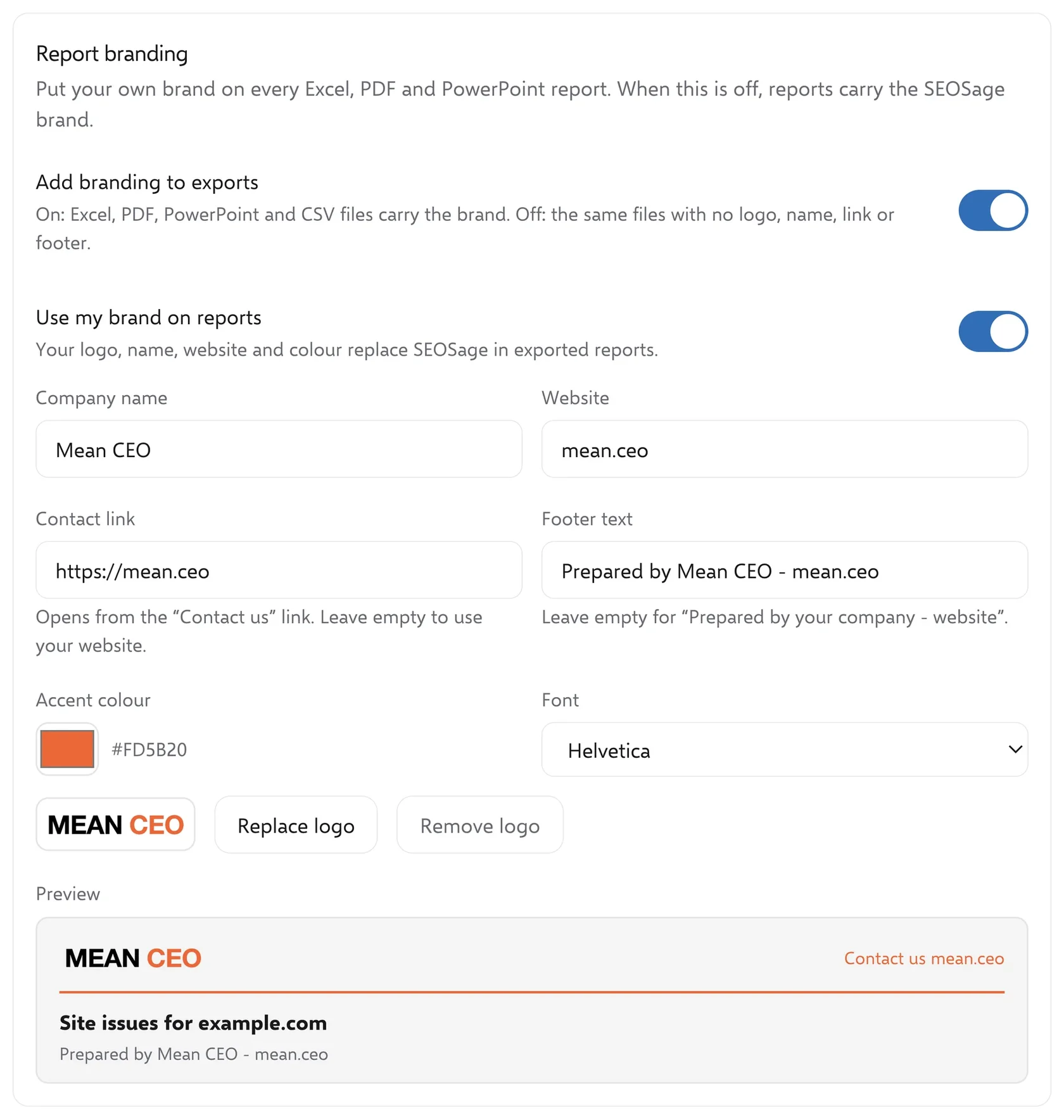 SEOSage white label report branding settings with company name, website, accent colour and logo