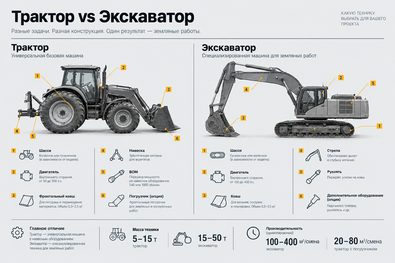 чем трактор отличается от экскаватора по устройству