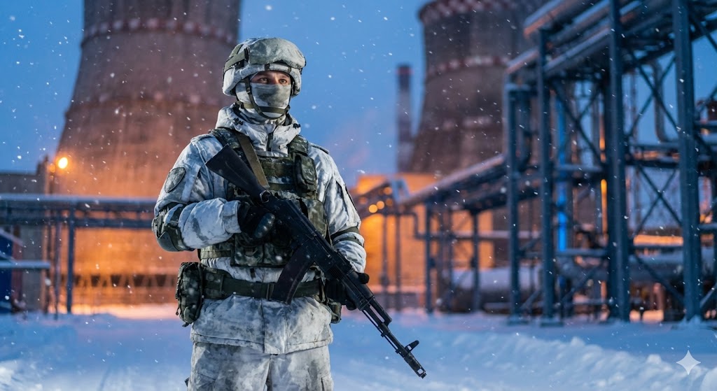 Боец Росгвардии в зимней экипировке охраняет важный государственный объект