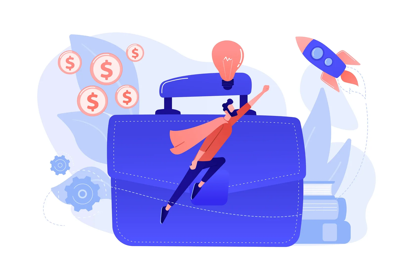 Бизнесмен супергероя, летающий высокий и большой портфель.