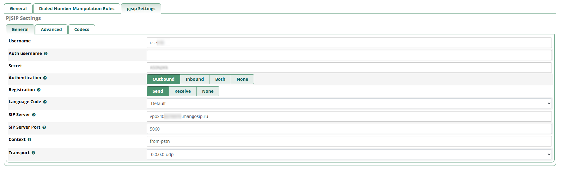 FreePBX mango office PJSIP settings