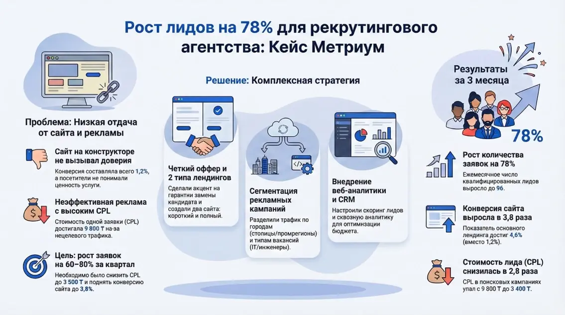 Инфографика: Рост лидов на 78% для рекрутингового агентства - Кейс Метриум