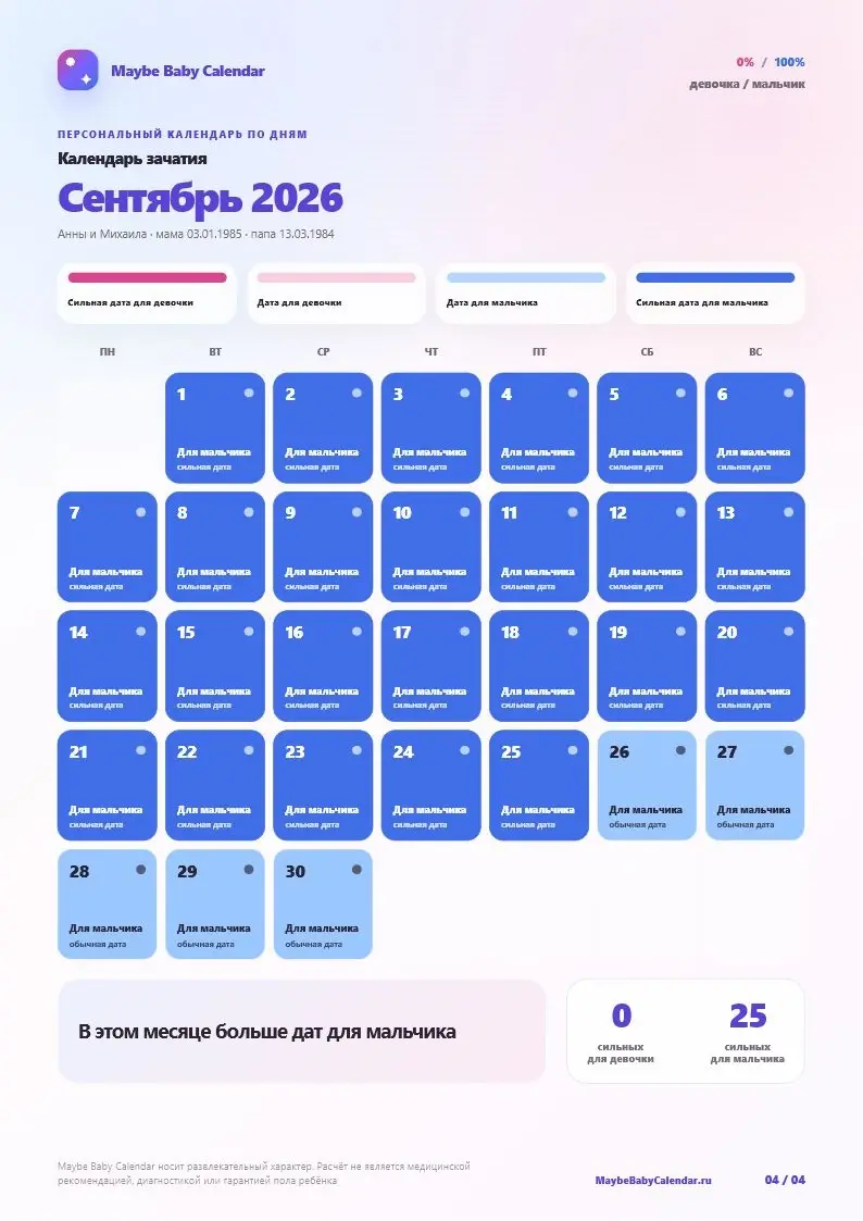 Пример персонального календаря — Сентябрь 2026