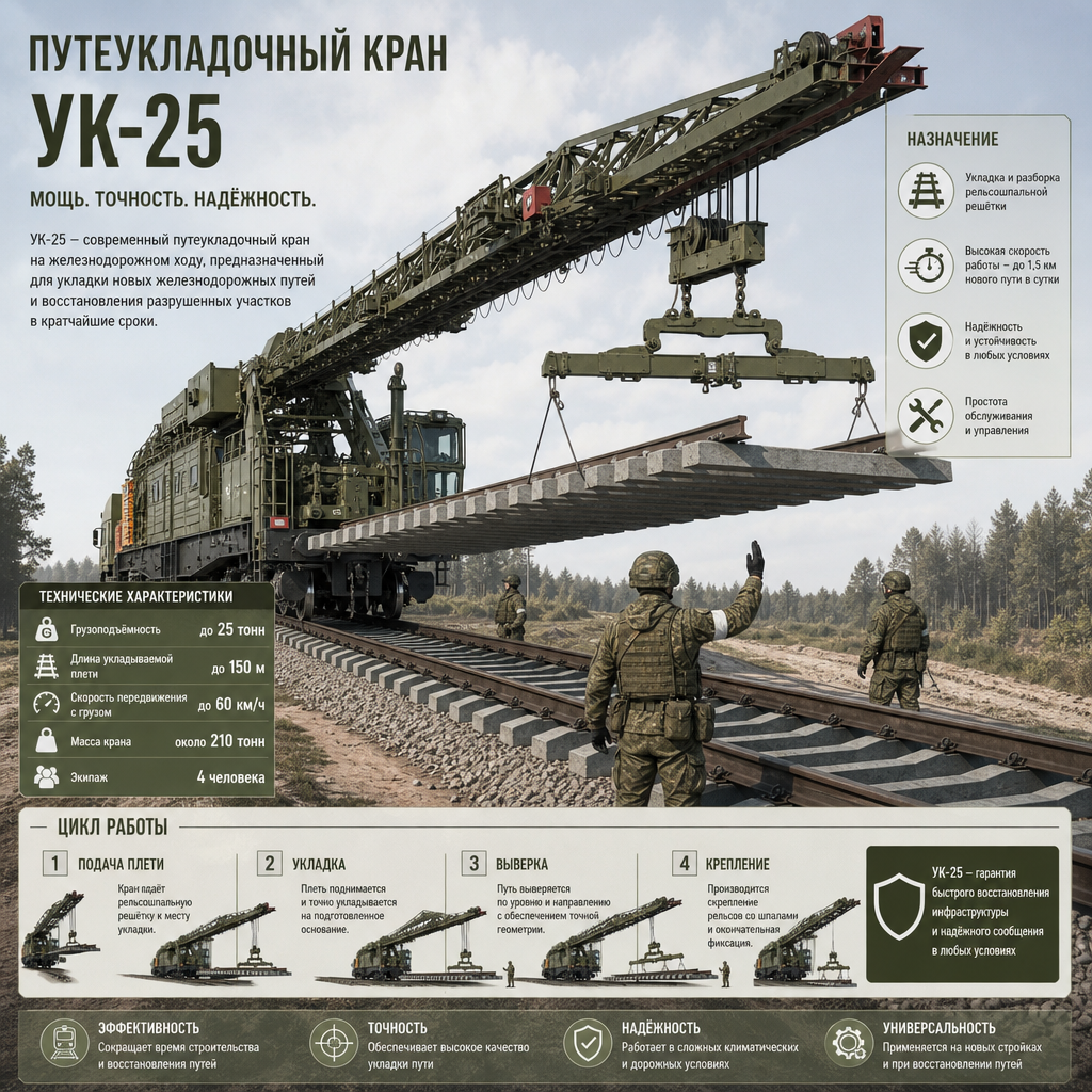 Путеукладочный кран УК-25 на железнодорожном пути — масштабная инженерная машина укладывает рельсошпальную решётку, рядом работают военнослужащие в форме