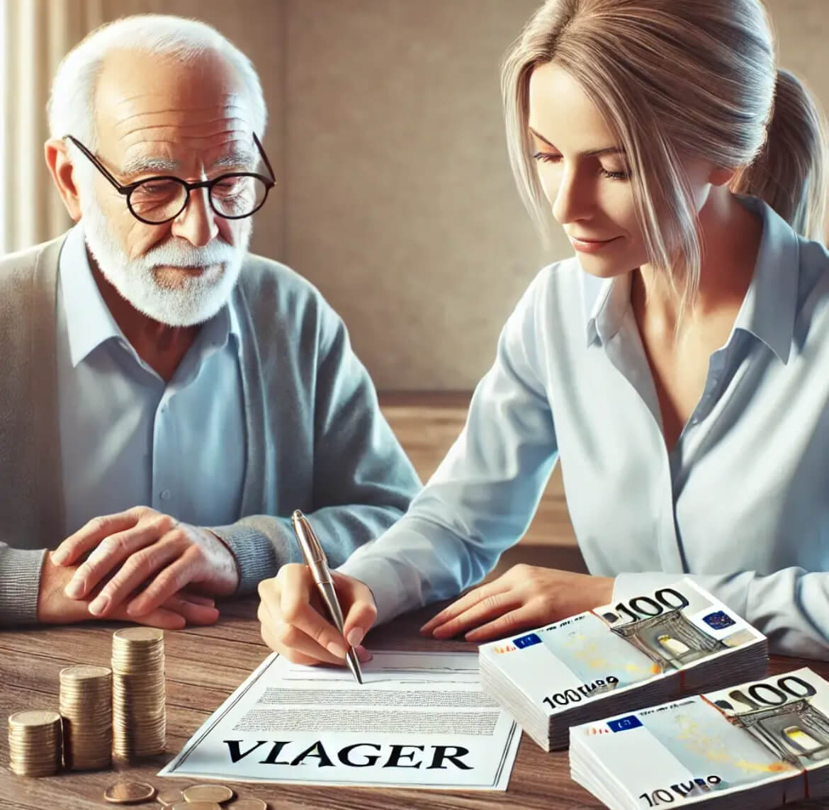 An image depicting an elderly person and a young individual signing a ‘Viager’ contract at a table. The table features euro banknotes and coins, symbolizing the financial aspect of the transaction. The background is bright and neutral, creating a professi