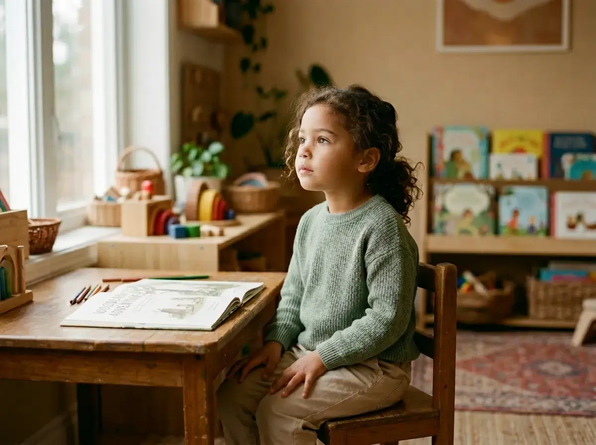 Young girl sitting alone at table, looking distracted and dreamy — ADHD inattentive type in girls