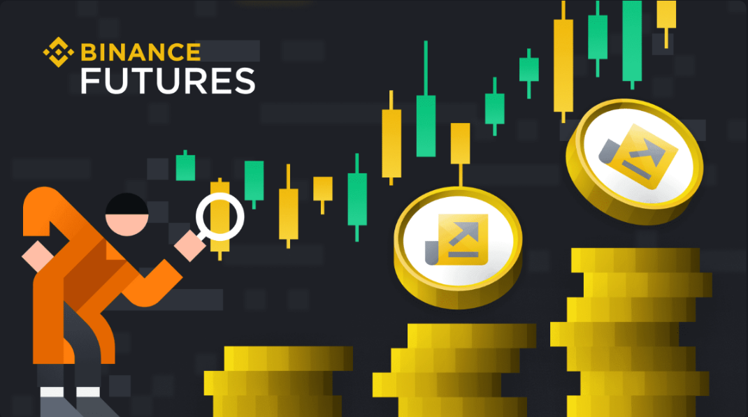 A drawing of a trader looking at cryptocurrencies with a magnifying glass, representing Binance leverage