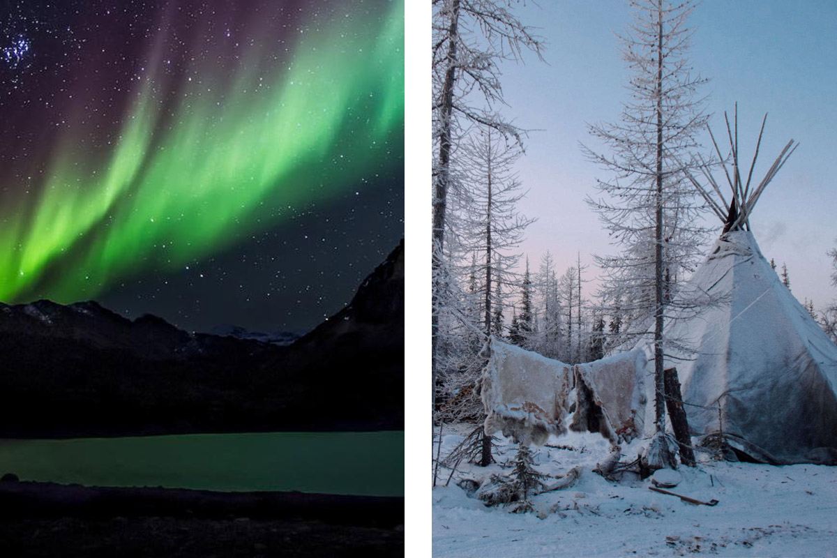 северное сияние и чум оленеводов