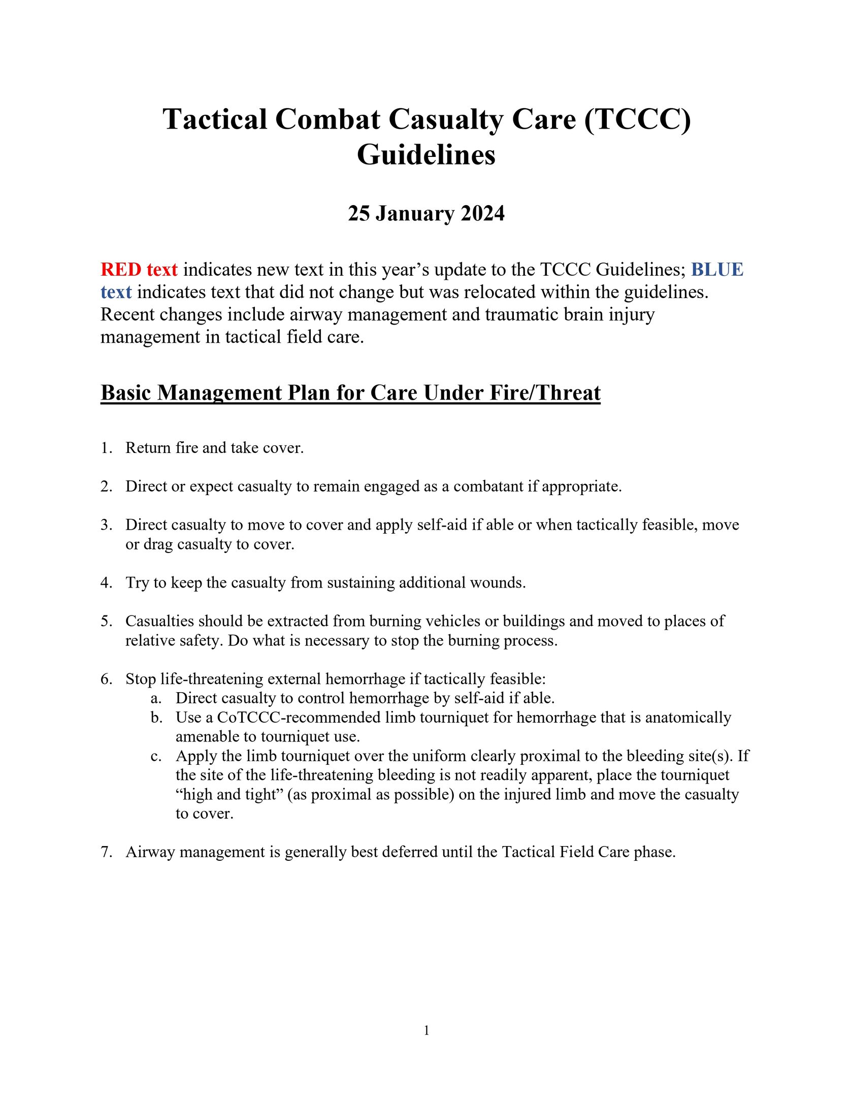 Протокол Tactical Combat Casualty Care (TCCC) Guidelines от 25 января 2024 г. полный текст на английском языке