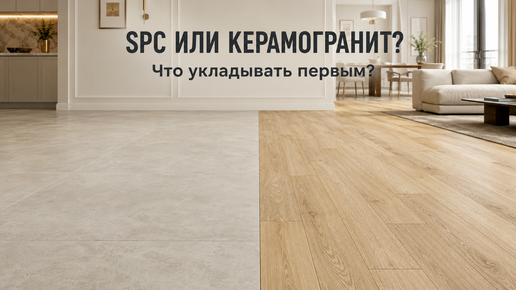 Стык SPC-покрытия под натуральный дуб и светлого керамогранита уложенных в один уровень без порога и перепада высоты в современном интерьере.