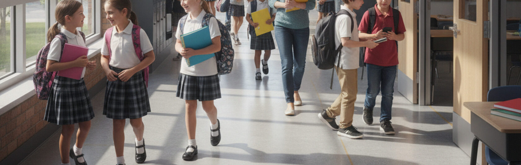 Ученики в школьной форме идут по коридору современной частной школы во время учебного дня.