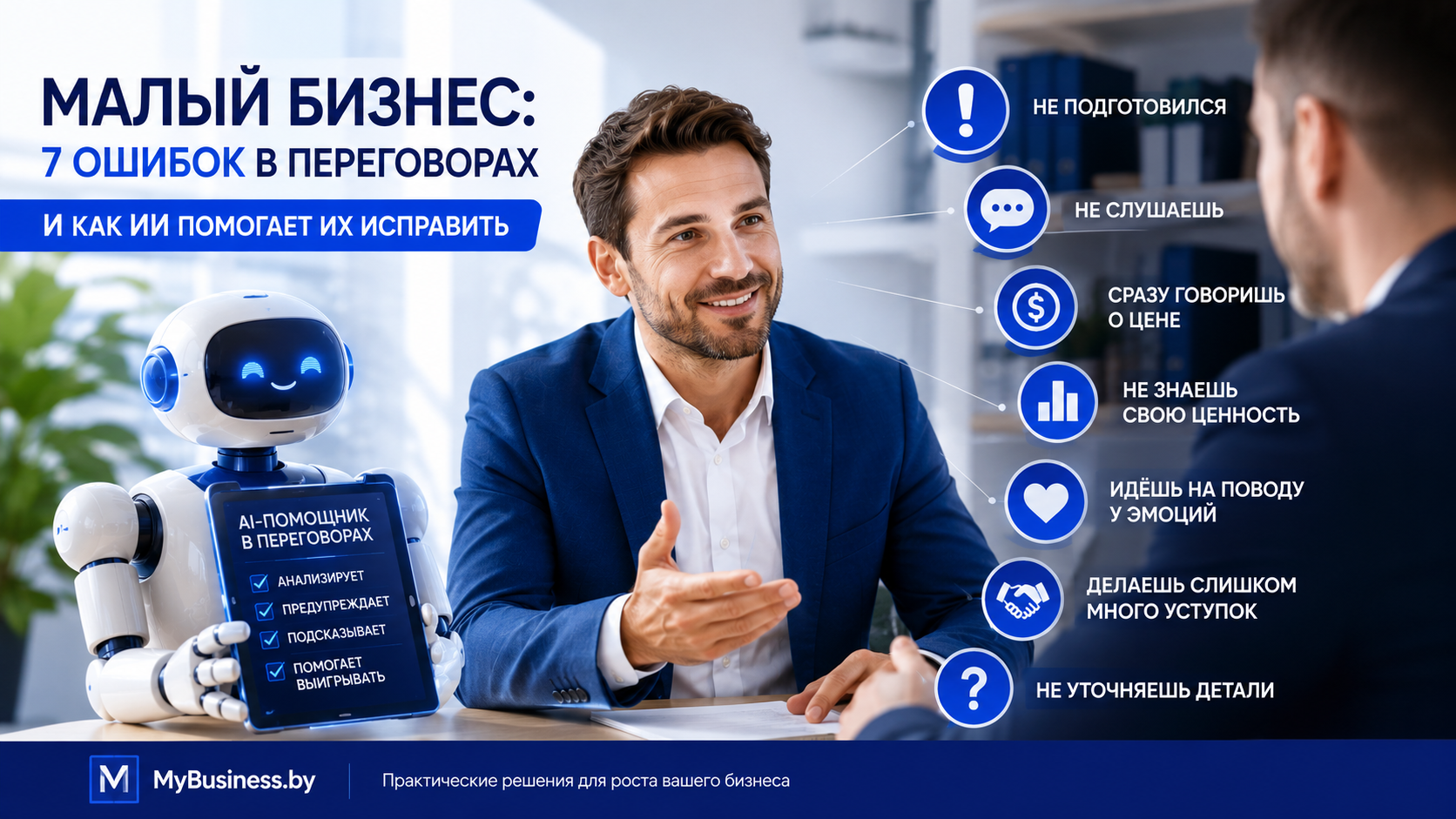 AI Negotiation Coach помогает малому бизнесу избегать 7 ошибок в переговорах: подготовка слушание цена ценность эмоции уступки детали