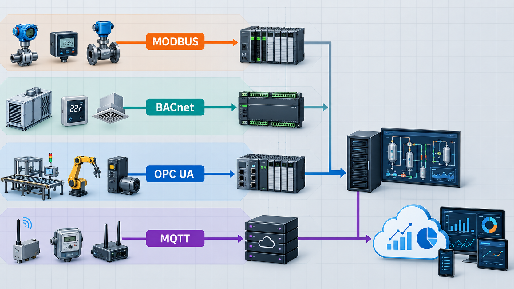 Архитектура автоматизации с протоколами Modbus, BACnet, OPC UA и MQTT