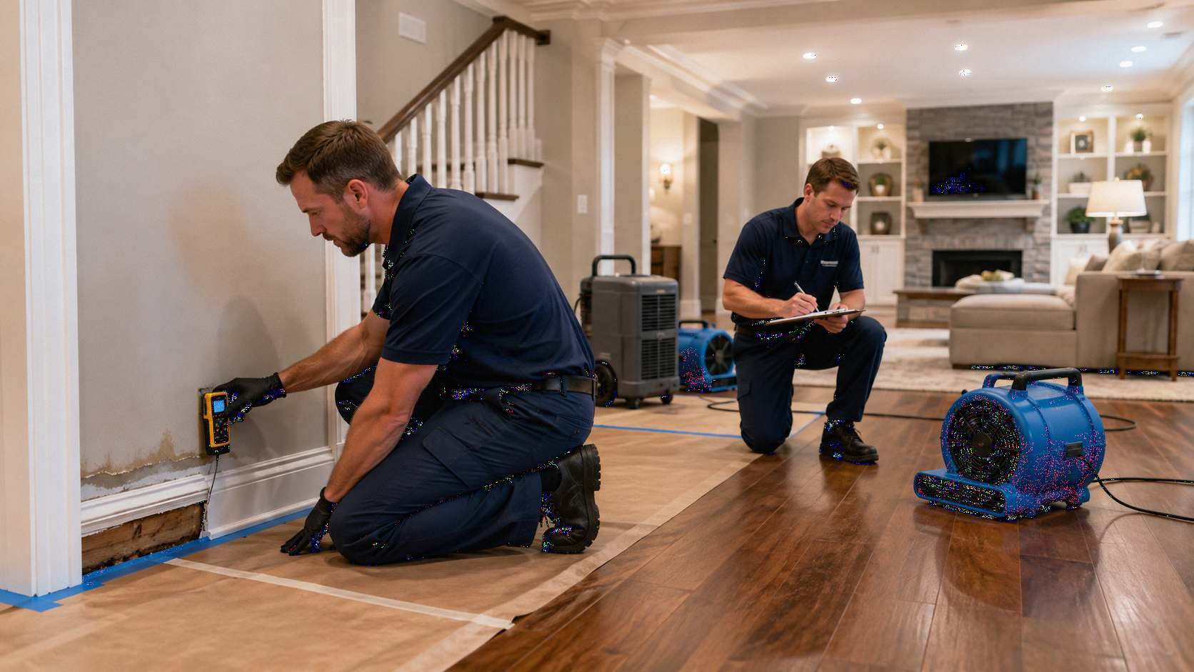 Water damage restoration McLean VA scene showing restoration technicians inspecting wet drywall with a moisture meter exposed baseboard area hardwood floor protection air mover dehumidifier and drying equipment inside a luxury home