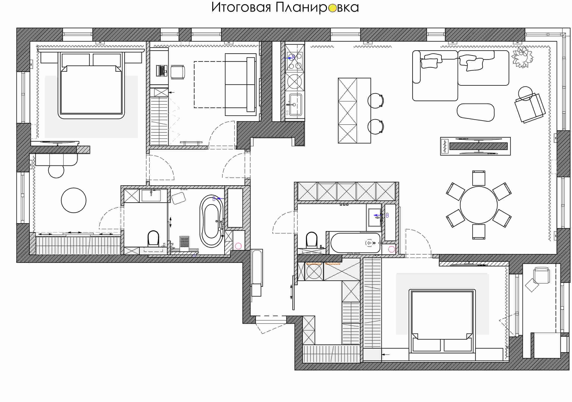 Итоговая планировка квартиры 135 м² в ЖК Сердце Сибири